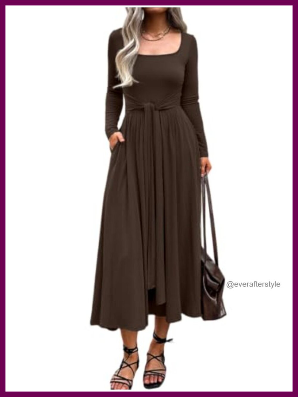 Long Sleeve Belted Tie Waist A Line Maxi Dress with Pockets